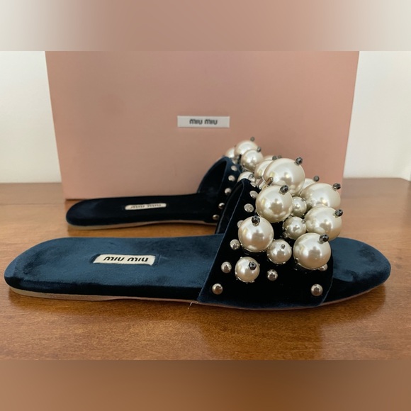 Miu Miu Velvet Pearl Slides Turquoise 36.5 - Picture 5 of 5